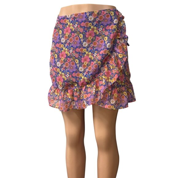 Topshop Floral Wrap Mini Skirt With Ruffle Hem, Purple/Multicolor, Sz. 6 - Picture 2 of 11
